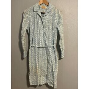 Vintage Jeanne Shirt Dress Womens 12 Blue Lace Embroidered Belted Floral READ